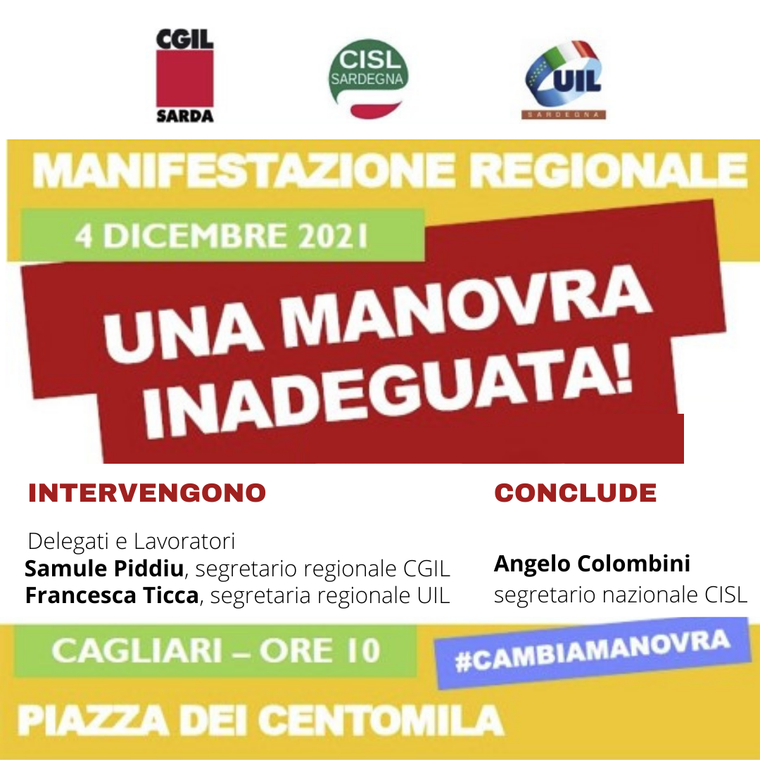 Pensioni, fisco, lavoro: Cgil Cisl e Uil in piazza il 4 dicembre a Cagliari